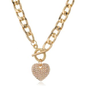 Colar Coração Dourado com Corrente Grossa e Pingente Strass