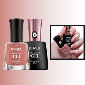 Kit Esmalte Risqué Diamond Gel Espumante Rosé + Top Coat Fixador